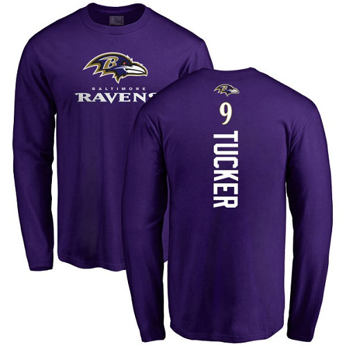 Men Baltimore Ravens Purple Justin Tucker Backer NFL Football #9 Long Sleeve T Shirt